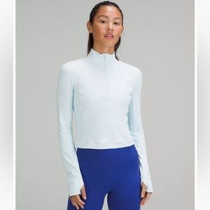 $108 Lululemon RULU run cropped half zip, powder blue, 4